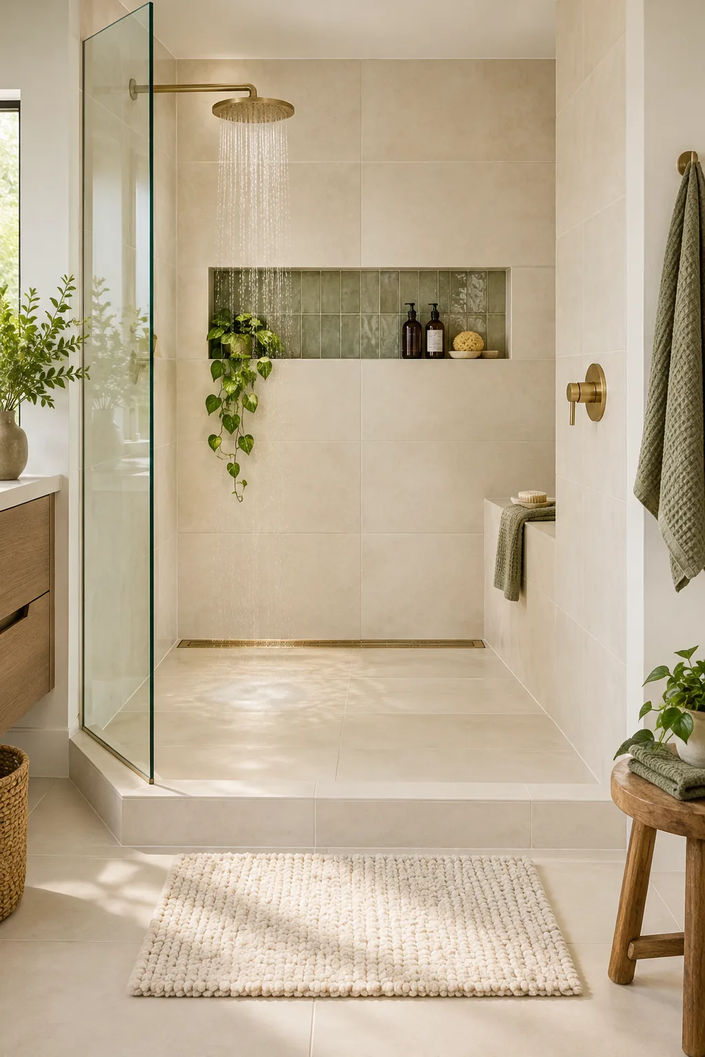 A brushed brass linear drain installed along the back wall of a tiled shower.