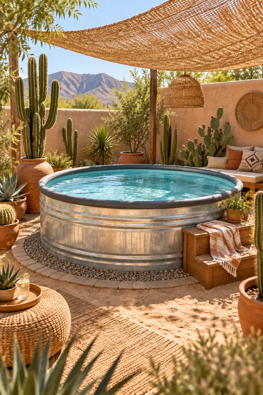 Stock tank pool surrounded by sand, terracotta pots, and cacti in a desert boho style.