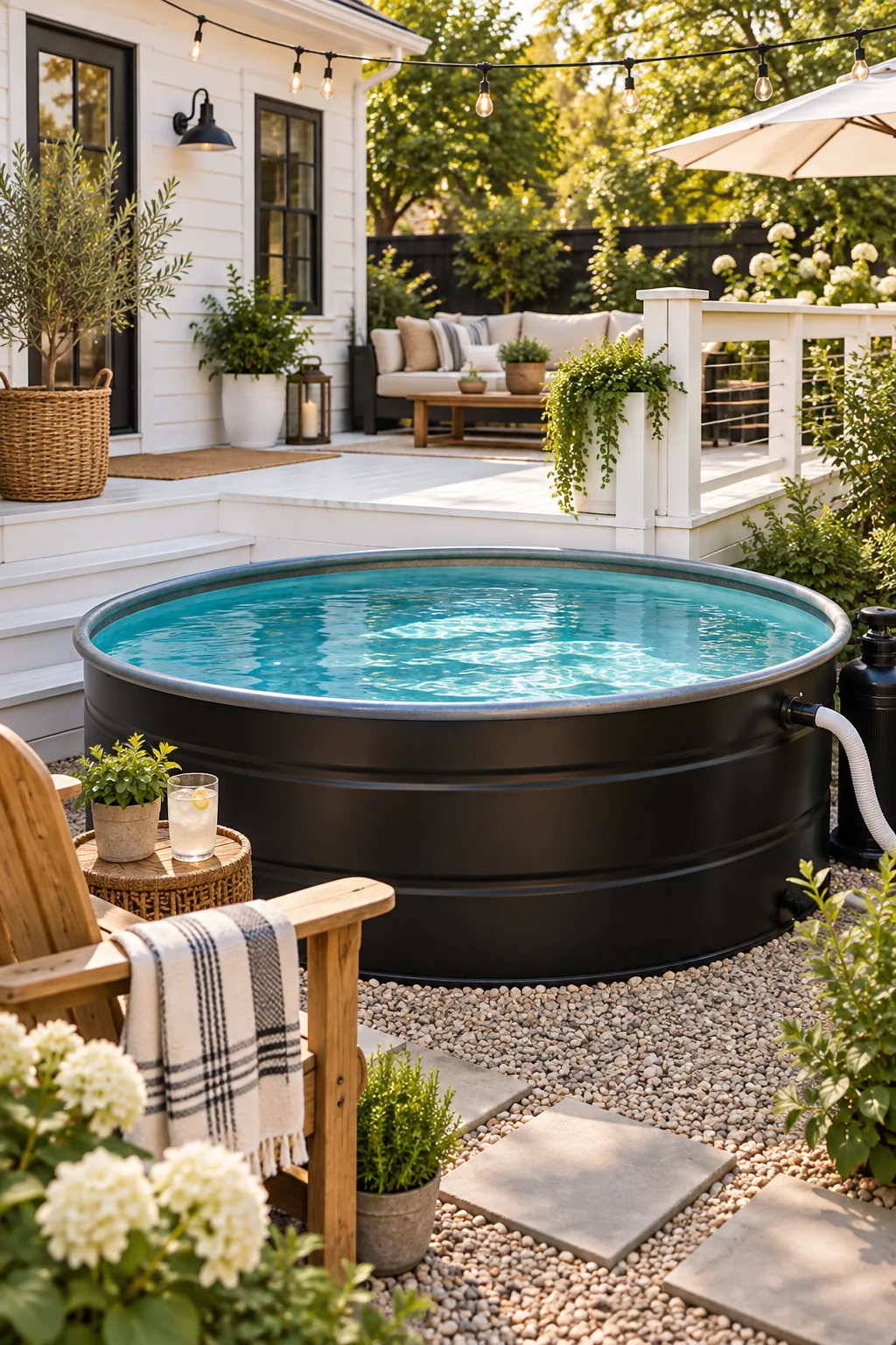 A matte black painted stock tank pool next to a white deck with string lights.