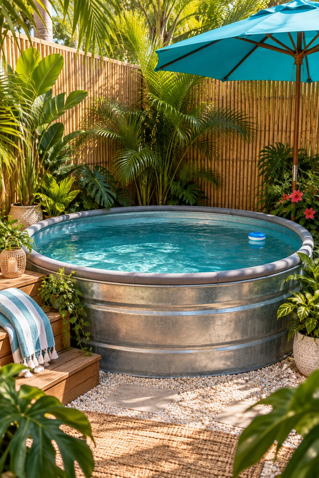 Stock tank pool surrounded by bamboo screens, lush palms, and a teal umbrella.