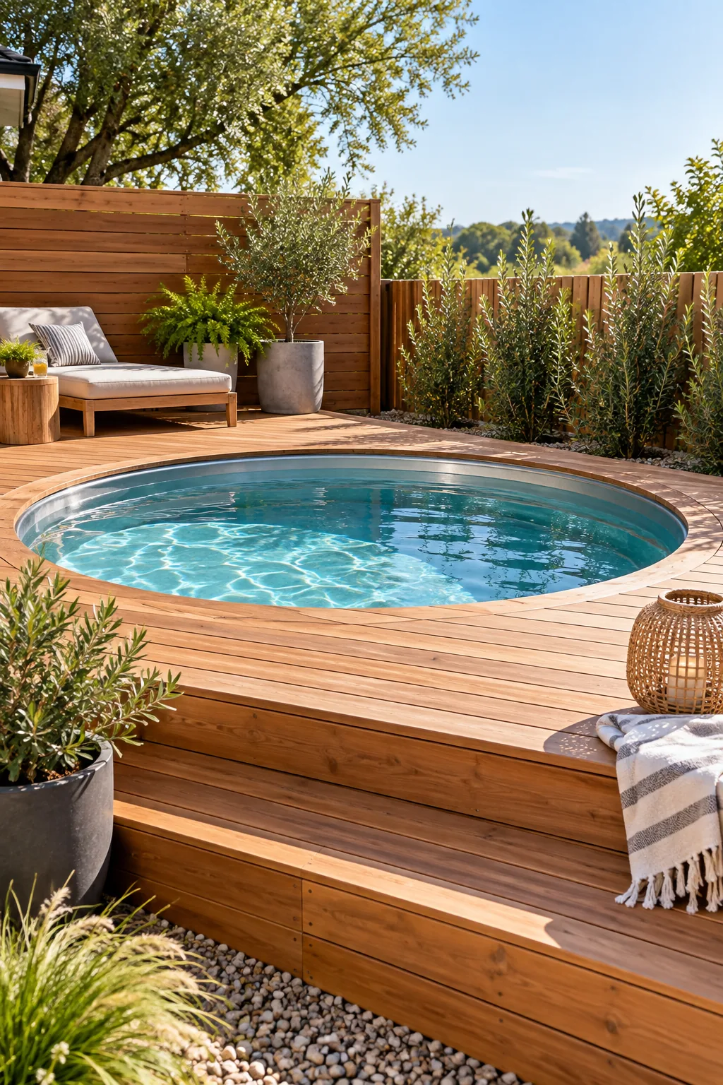 A stock tank pool partially sunken into a sleek minimalist cedar deck.