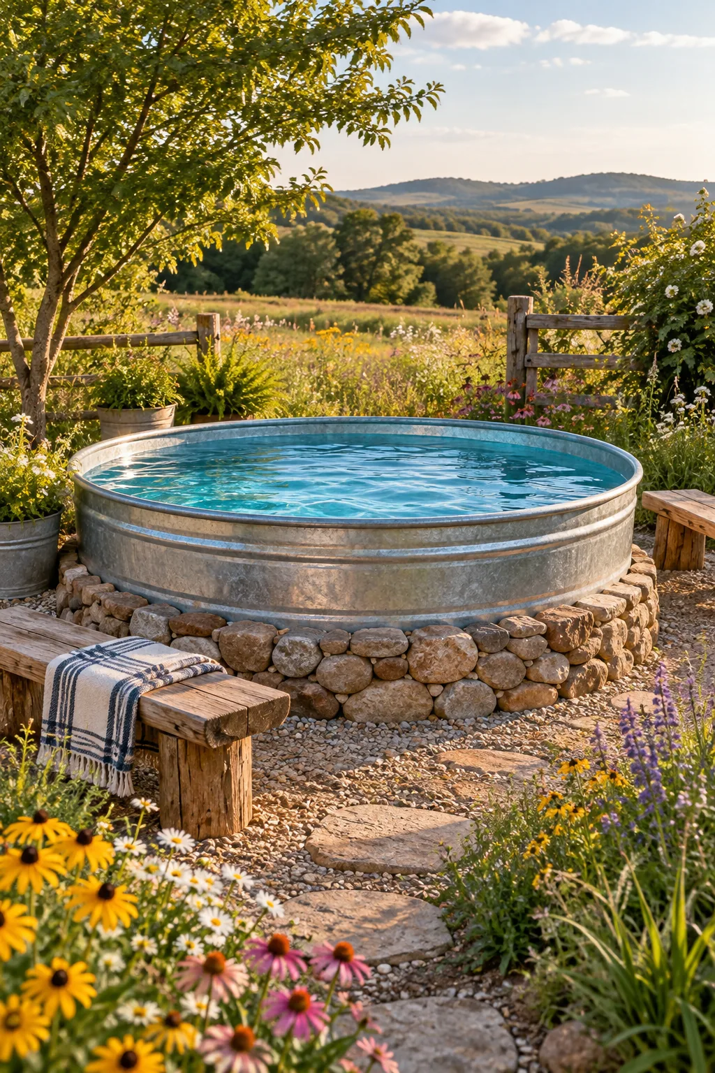 Galvanized stock tank pool surrounded by fieldstone and wildflowers in a rustic country yard.