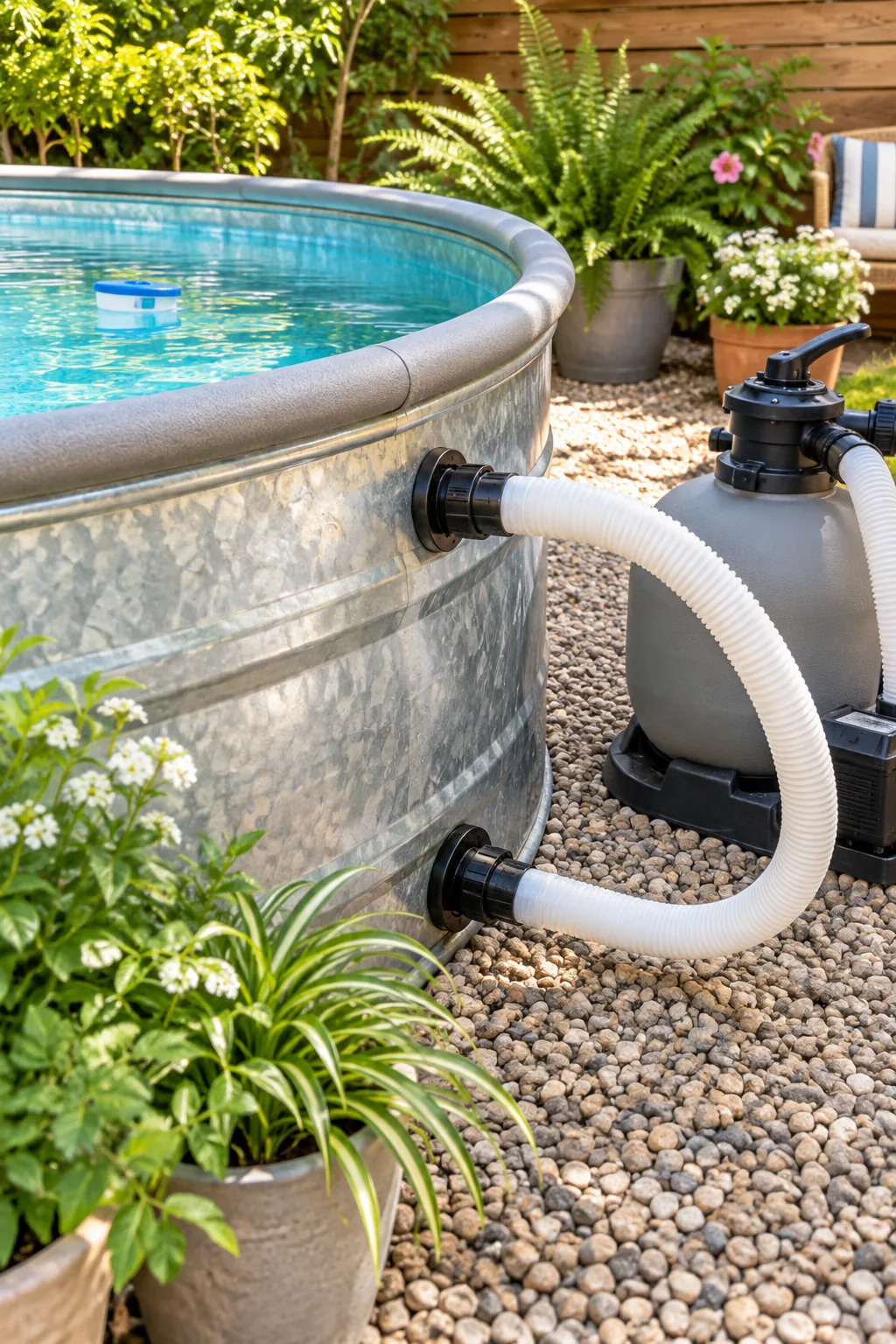 Side view of a stock tank pool showing white ribbed hoses connected to high and low wall fittings.