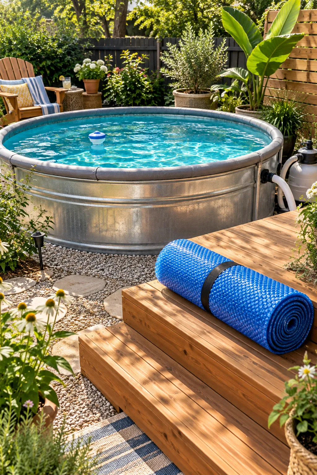 A small blue and white chlorine float bobbing in crystal clear stock tank pool water.