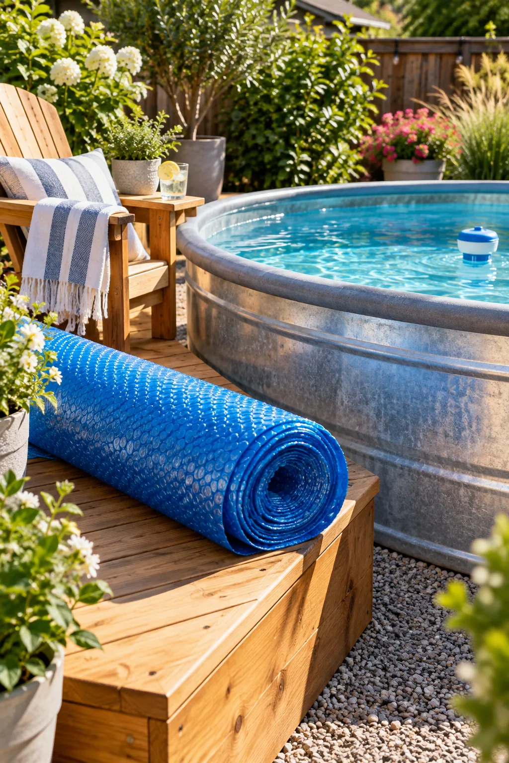 A blue bubble solar pool cover rolled up on a wooden deck next to a stock tank pool.