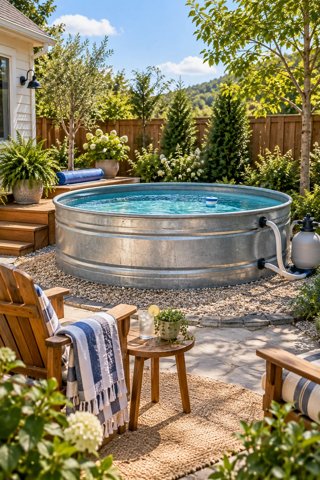 A fully set up stock tank pool in a sunny backyard, ready for swimming with towels and drinks nearby.