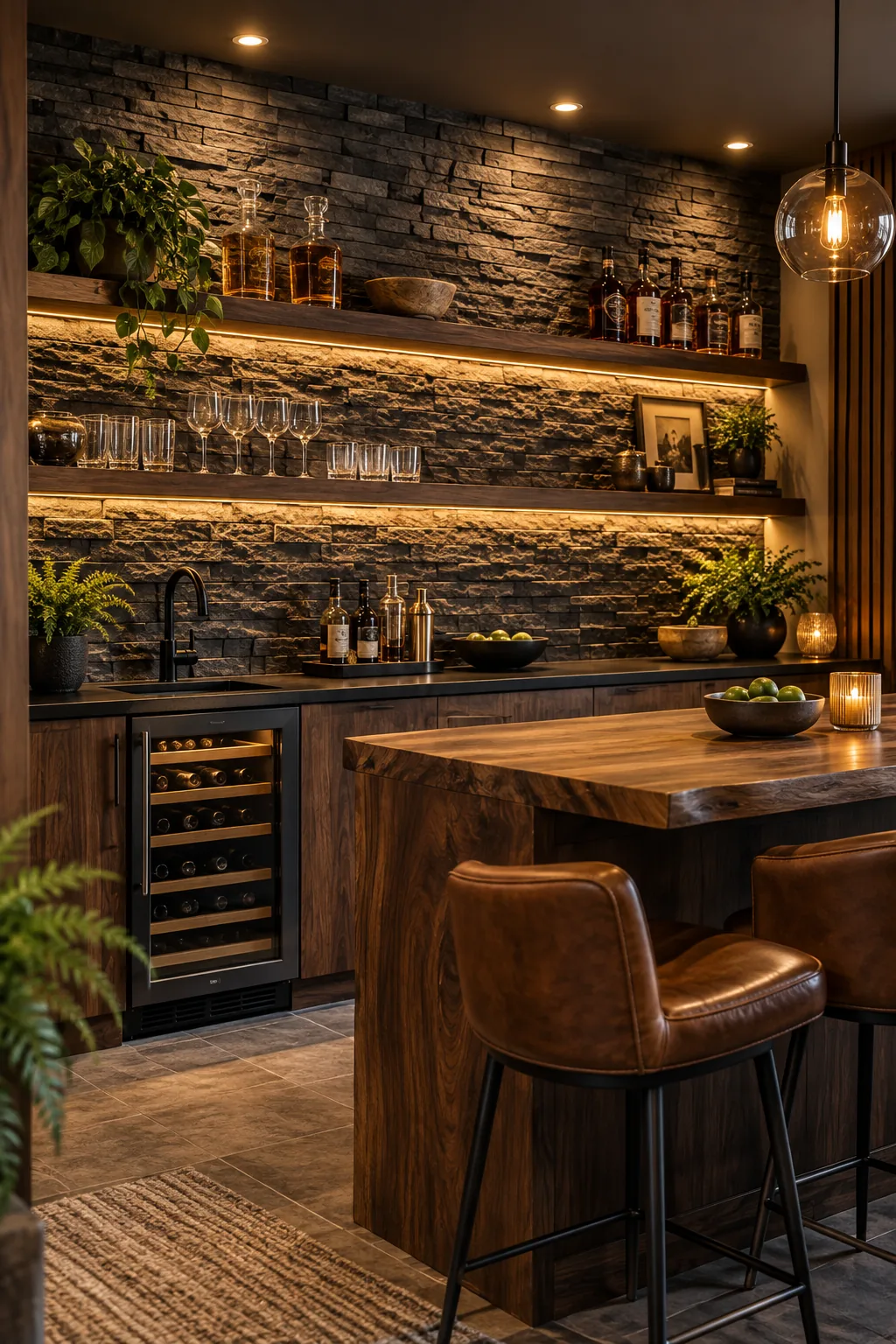 A moody basement bar featuring a dark slate ledgestone accent wall and walnut shelves.