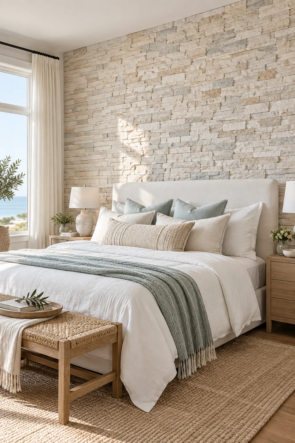 A bright coastal bedroom with a whitewashed stacked stone wall behind a linen bed.