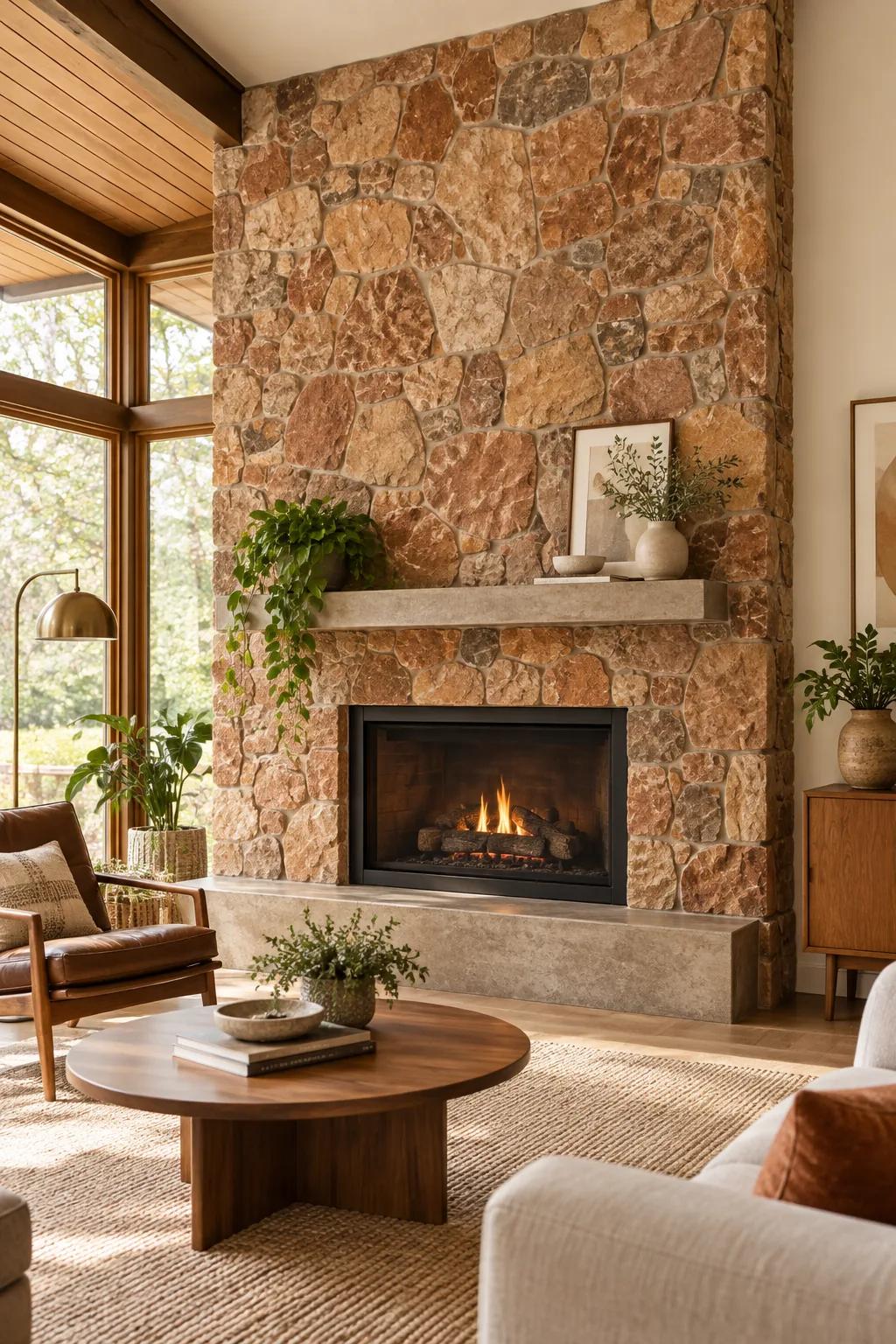 Warm terracotta-toned stone surrounding a modern fireplace in a mid-century living room.