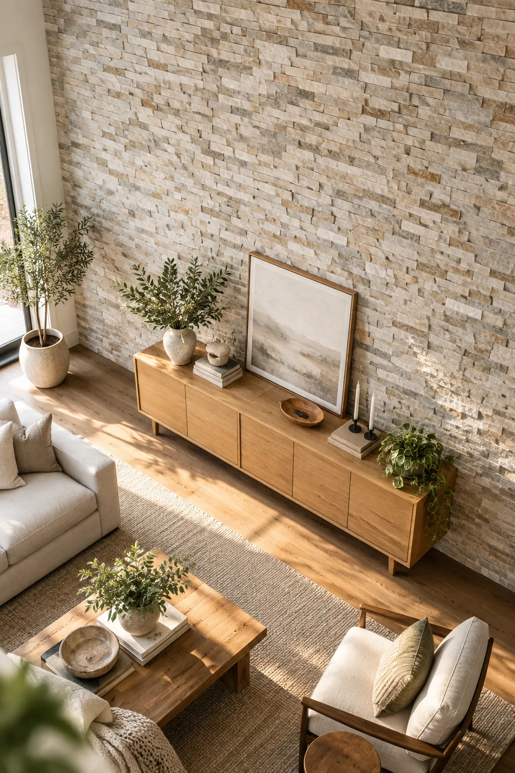 A bright living room featuring a floor-to-ceiling split-face ledgestone accent wall behind a warm oak console.