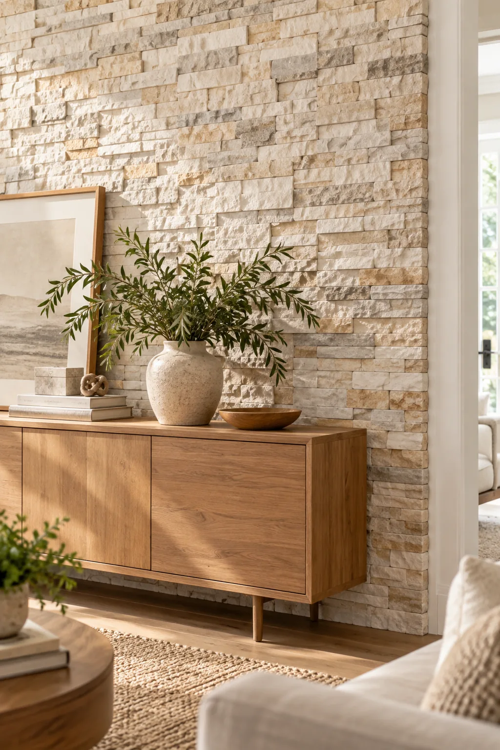 Close-up of a finished ledgestone wall showing a seamless mix of cream, beige, and gray stones.