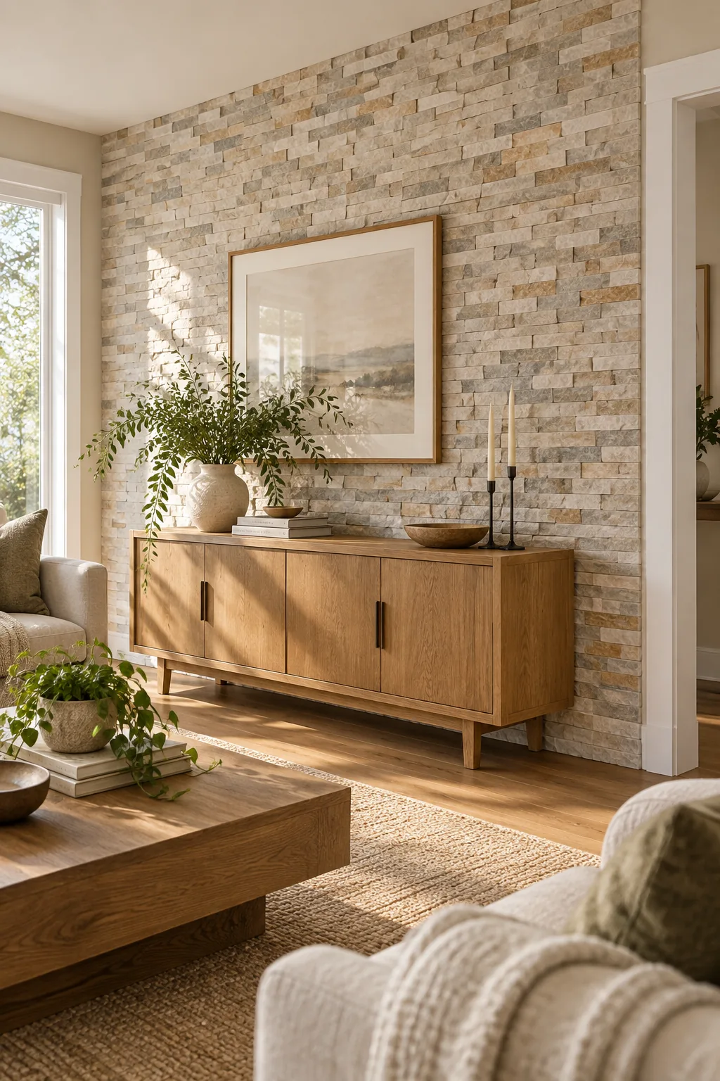 The outer edge of a ledgestone wall where the stone meets a white door casing, showing rugged, natural edges.