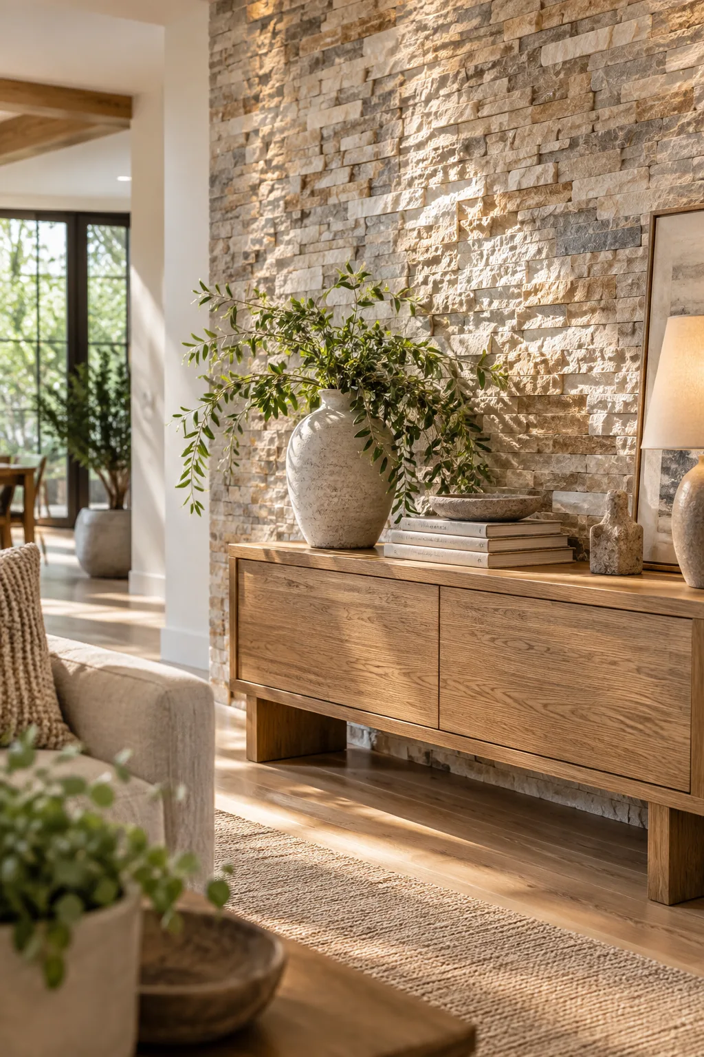 A warm oak console styled with a ceramic vase and greenery against a rough stone accent wall.