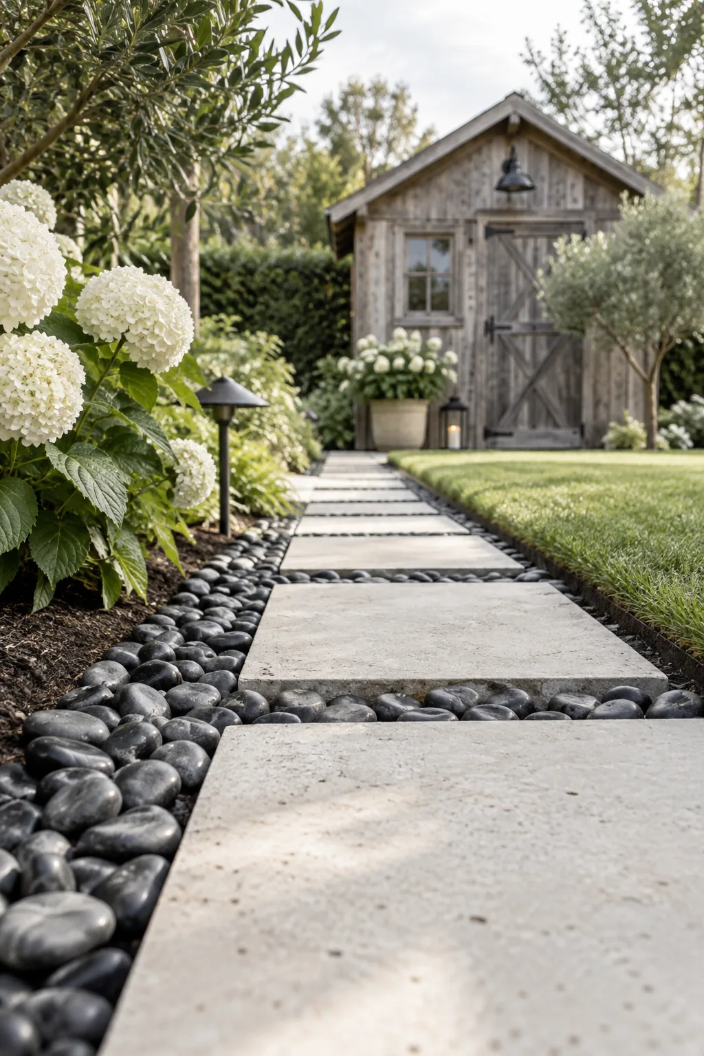 Pale concrete pavers surrounded by smooth dark river rocks forming a garden path
