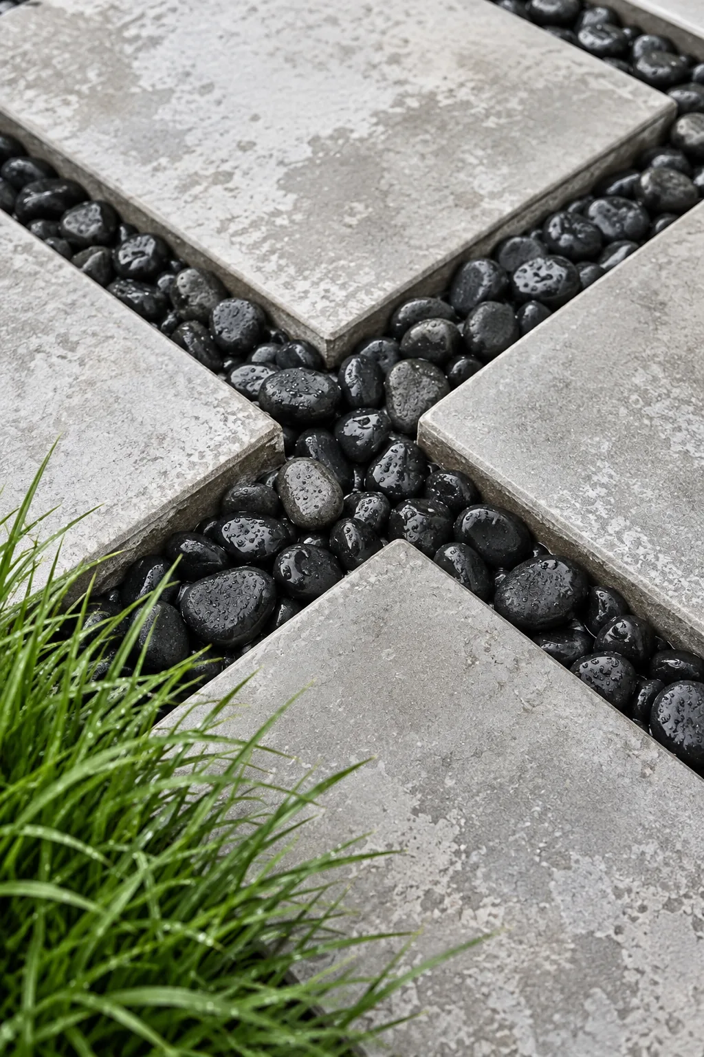 Square concrete pavers arranged in a strict grid with black beach pebbles in the gaps