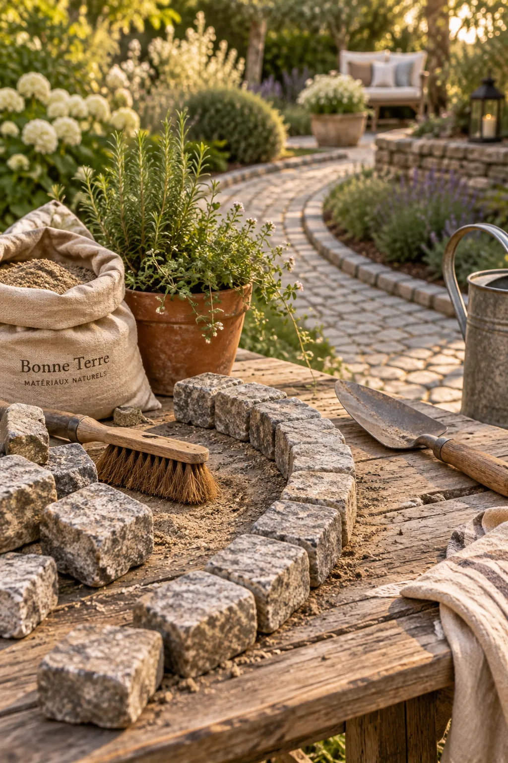 A winding garden path made of weathered reclaimed granite cobblestones