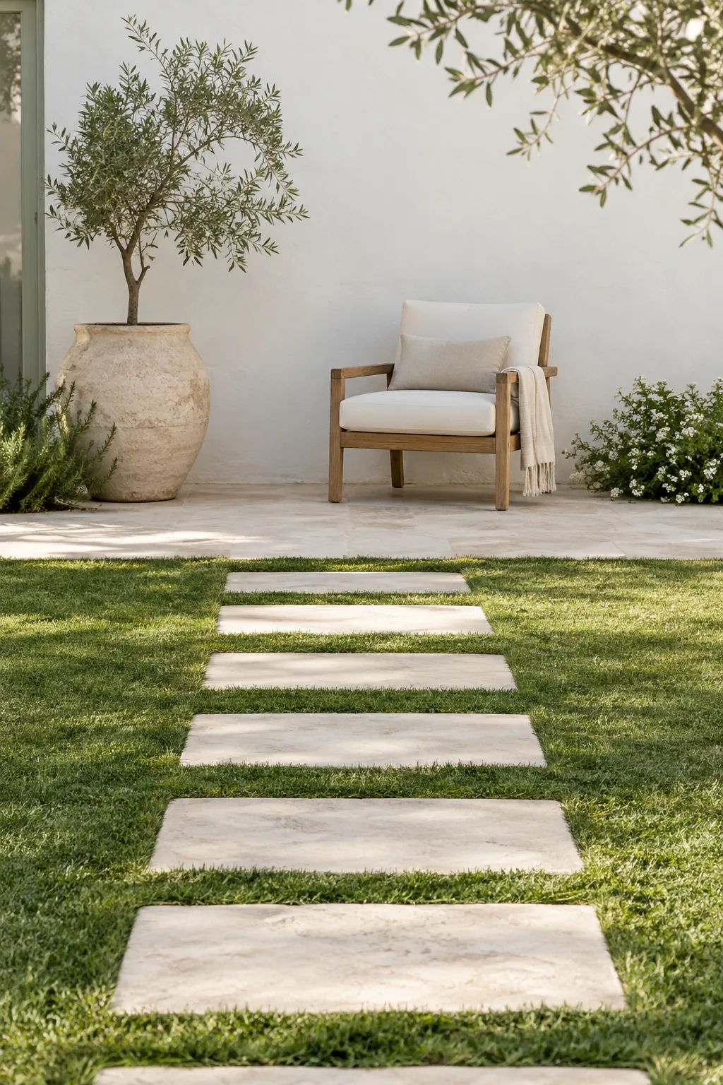 Flat limestone stepping stones sunk completely flush into a green lawn