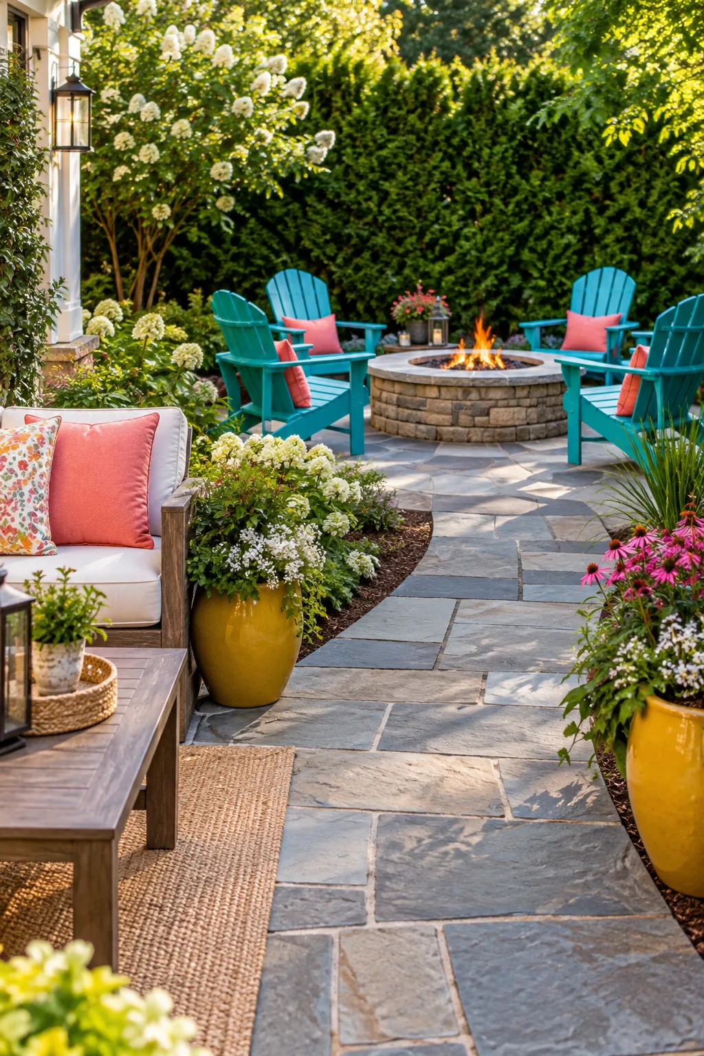 A backyard path made of mixed rectangular bluestone pavers in an ashlar pattern