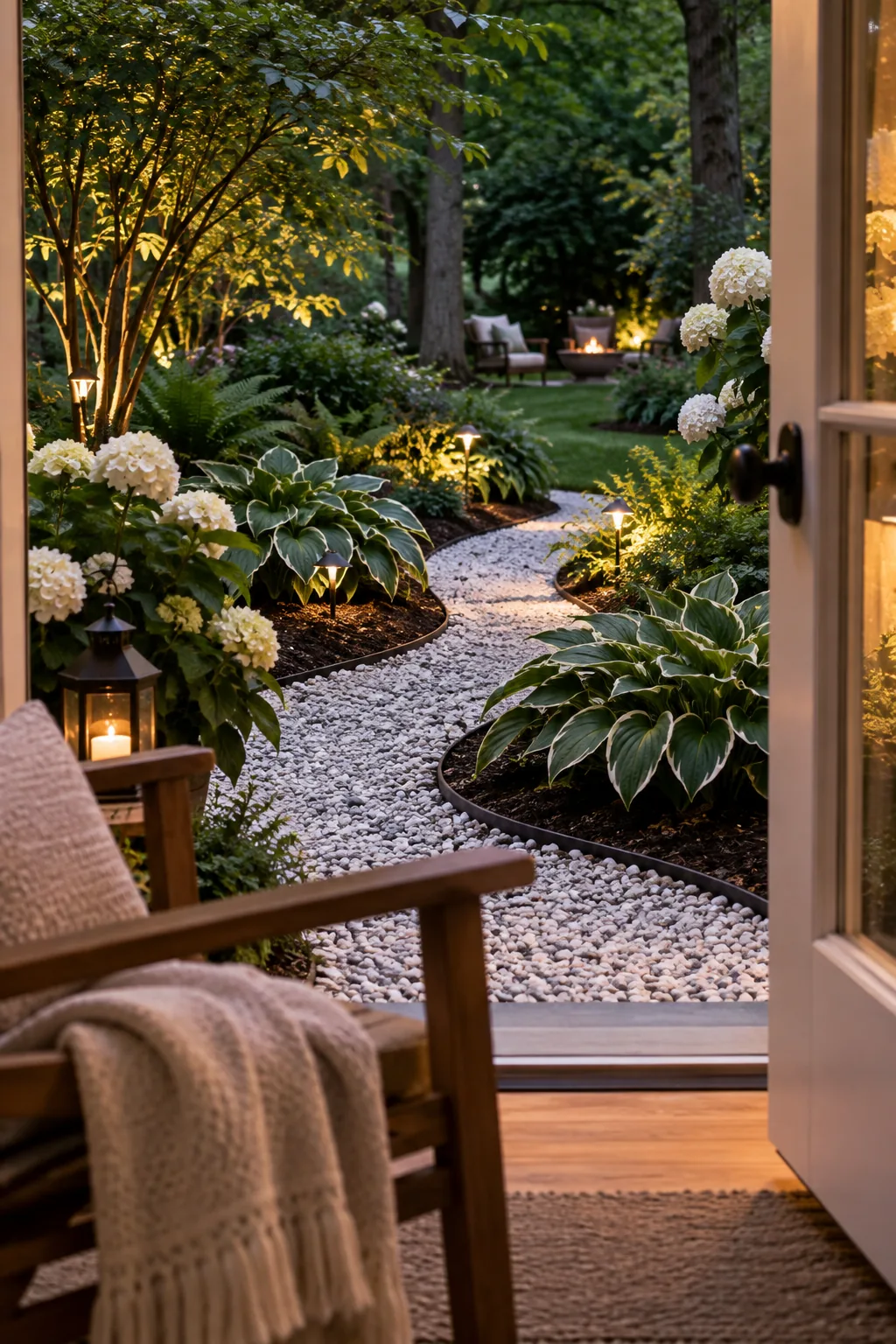 A bright garden path made of white marble chips bordered by dark mulch