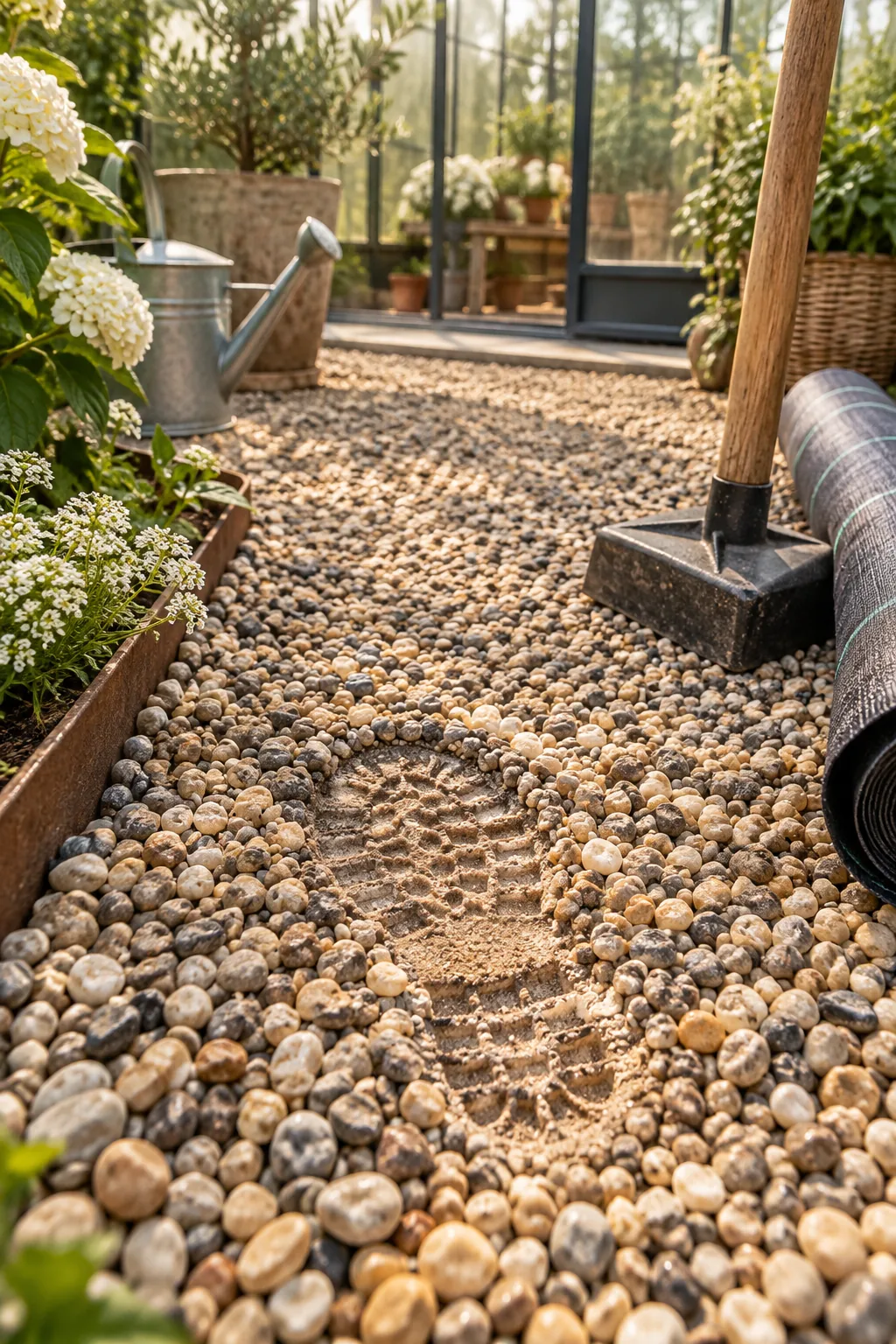 A simple DIY garden path filled with small, round pea gravel