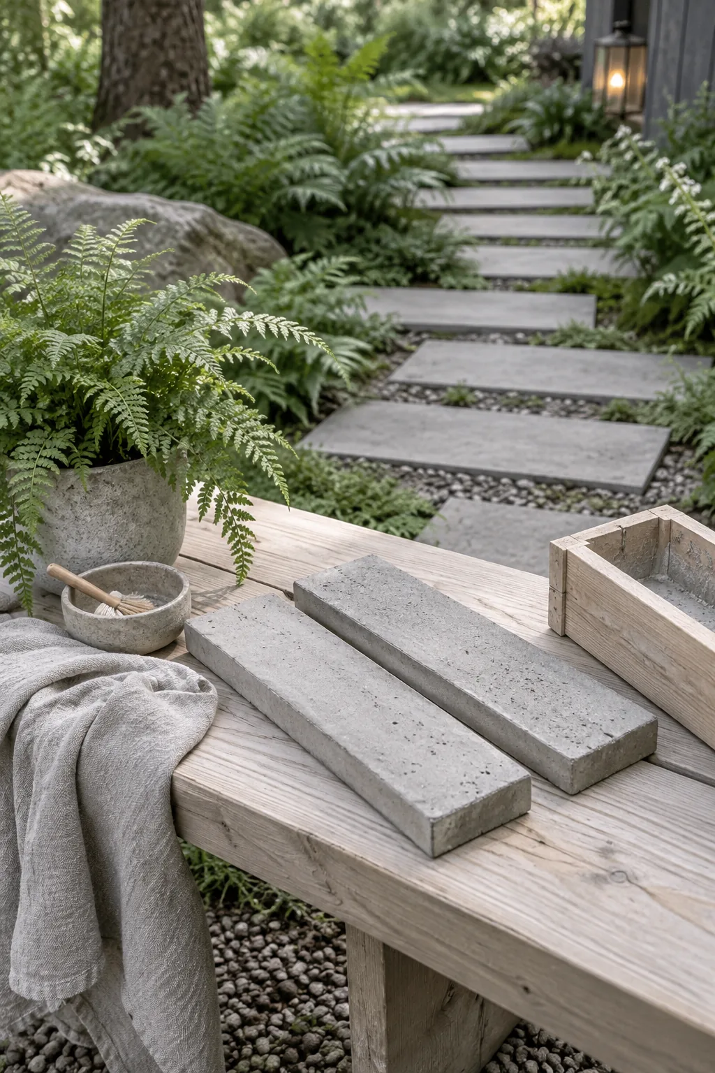 Long rectangular concrete planks staggered as a path through lush green ferns