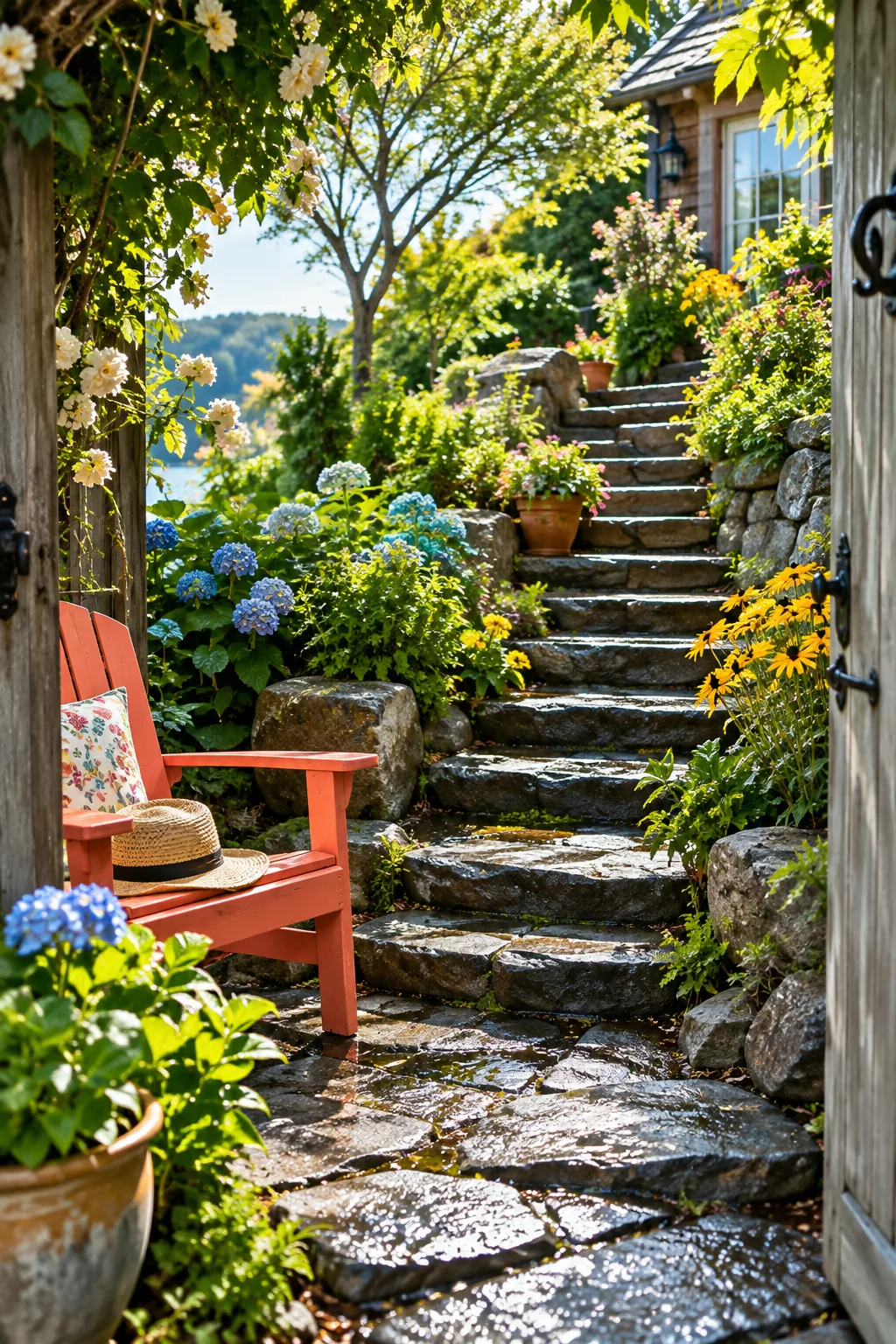 Thick pieces of slate dug into a hillside to create a stair-stepped garden path