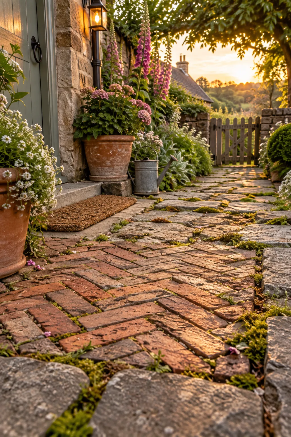 A garden path featuring gray fieldstone mixed with reclaimed red bricks in a herringbone pattern