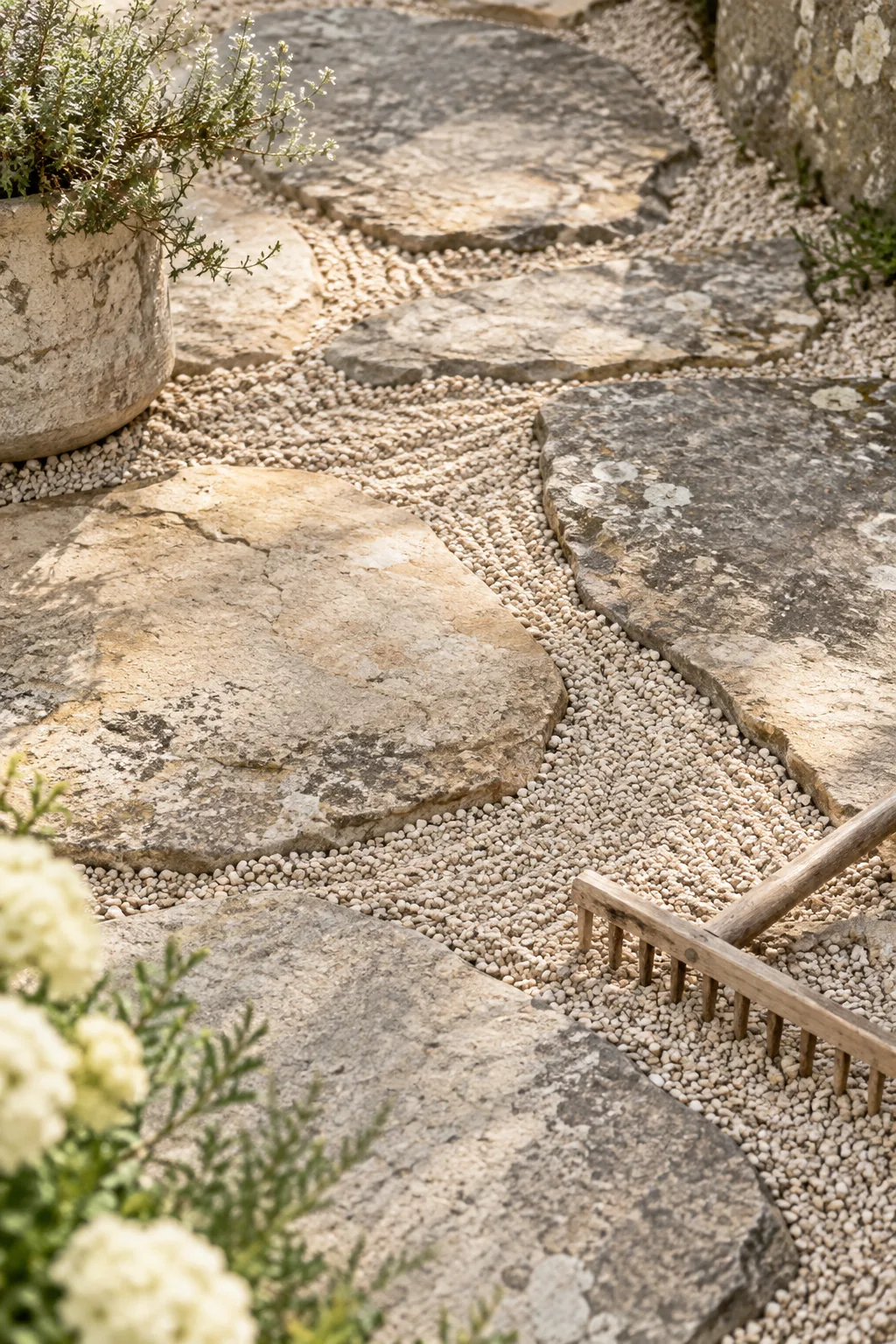 Irregular gray flagstones laid in a bed of tan pea gravel in a backyard