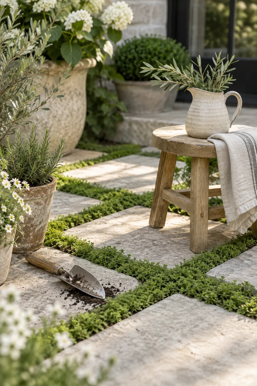 Square stepping stones spaced out with bright green Irish moss growing between them