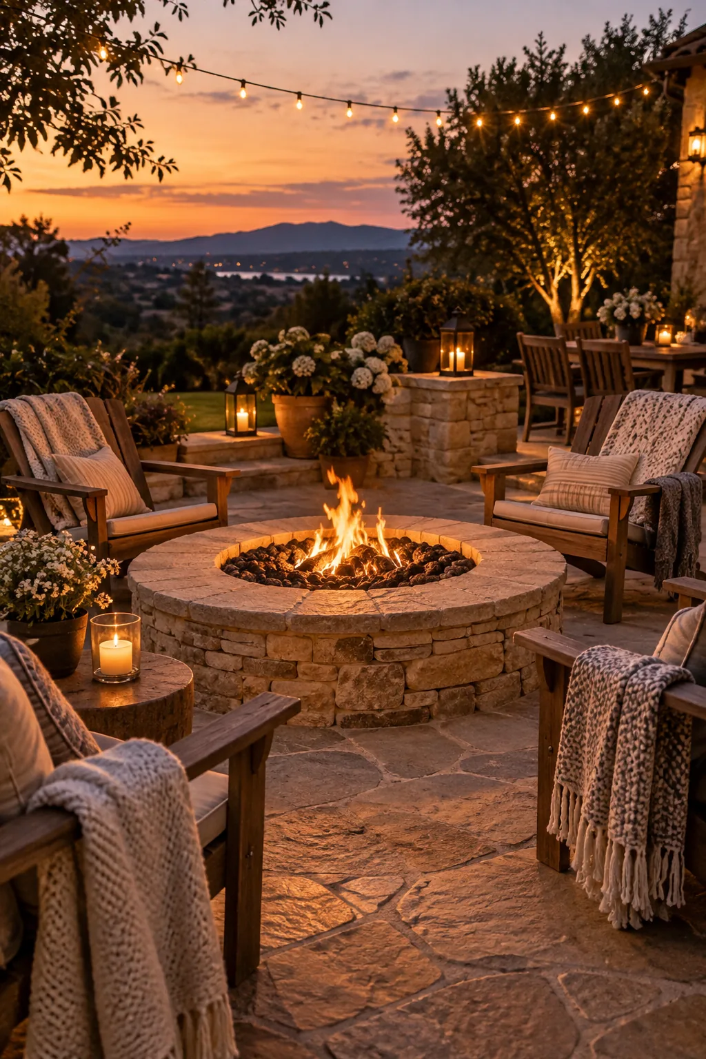 Round stone patio featuring a built-in fire pit surrounded by wooden chairs