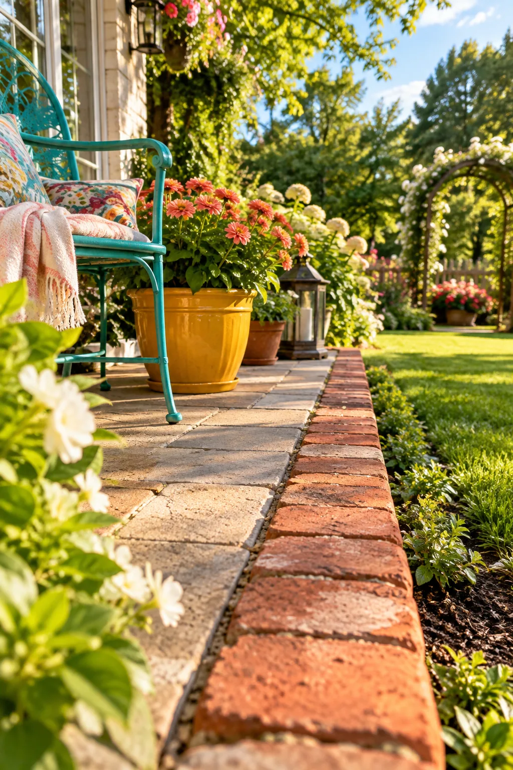 Gray patio stones bordered by a neat row of weathered red bricks