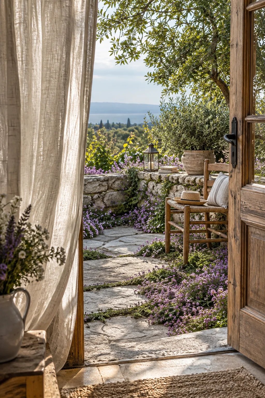 Purple creeping thyme flowers growing over the edge of a rustic stone patio