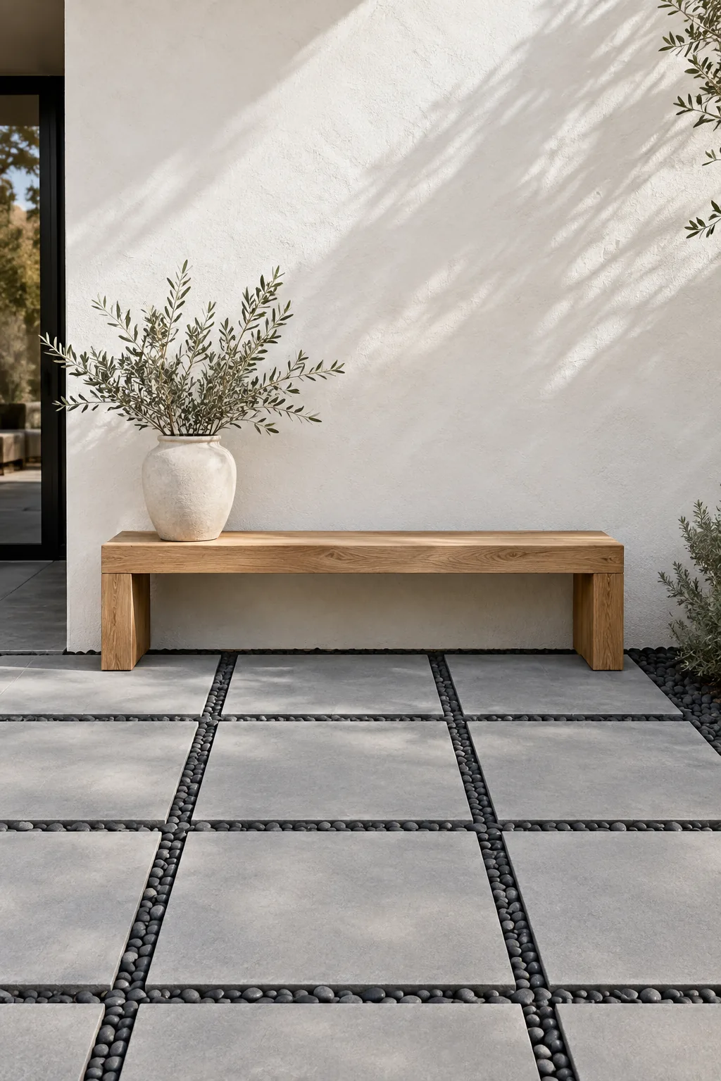 Large square concrete pavers laid in a perfect grid with black river rock borders