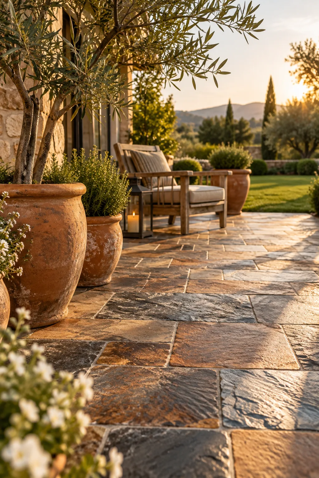 Patio made of mixed slate stones in shades of rust, gray, and charcoal