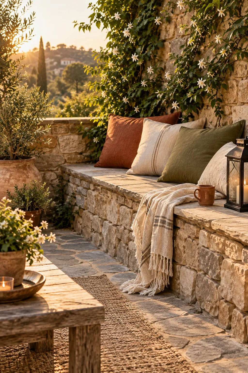 Low stone retaining wall acting as a bench at the edge of a patio