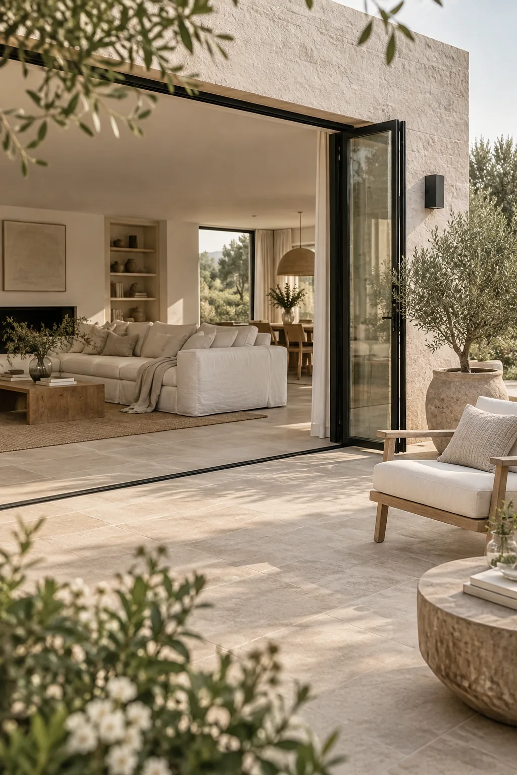 Travertine patio stones matching the tile floor seen through open sliding glass doors