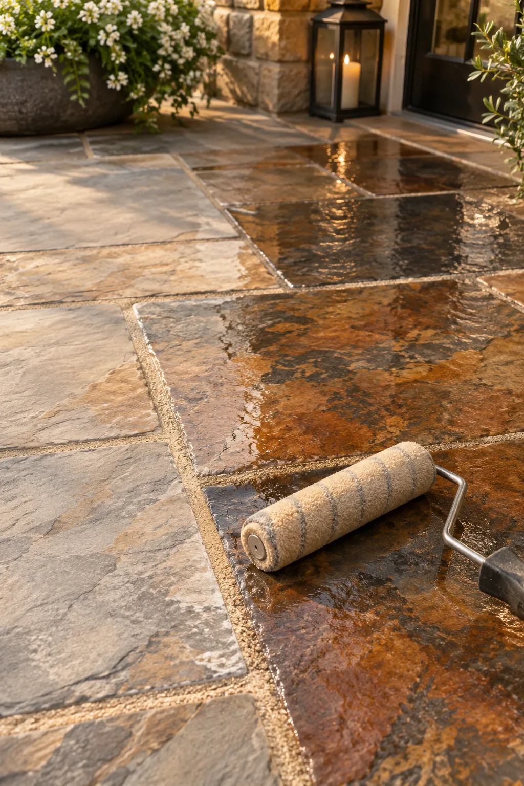 Freshly sealed natural stone patio showing rich, deep colors with a slight shine