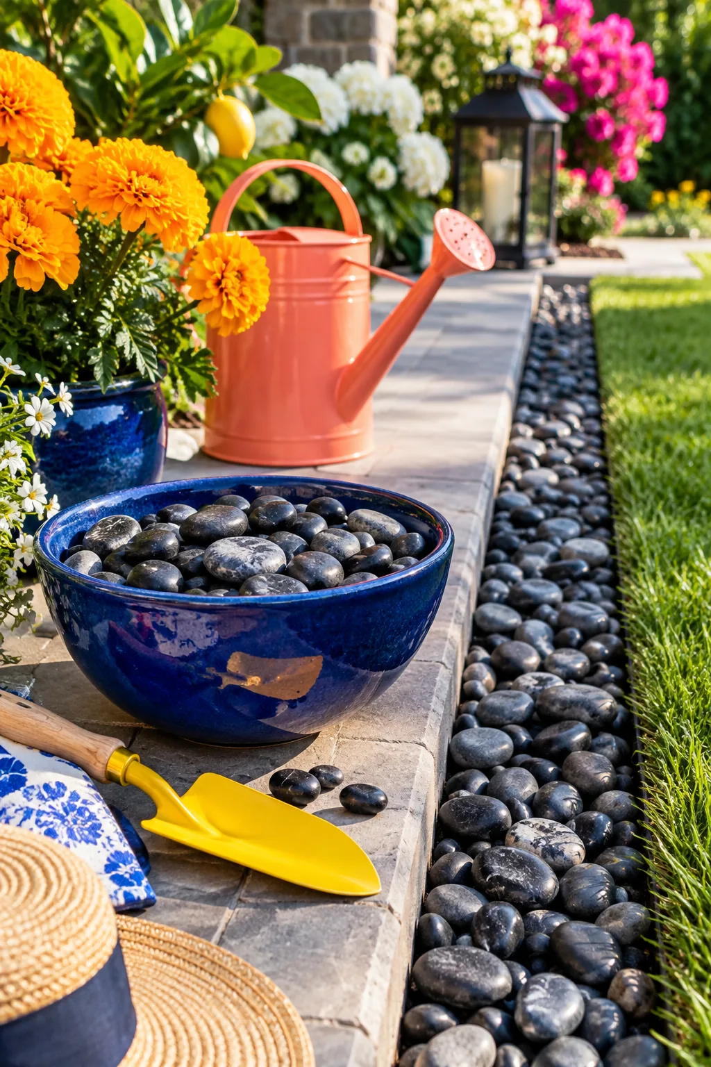 Stone patio edged with a neat trench filled with smooth Mexican beach pebbles