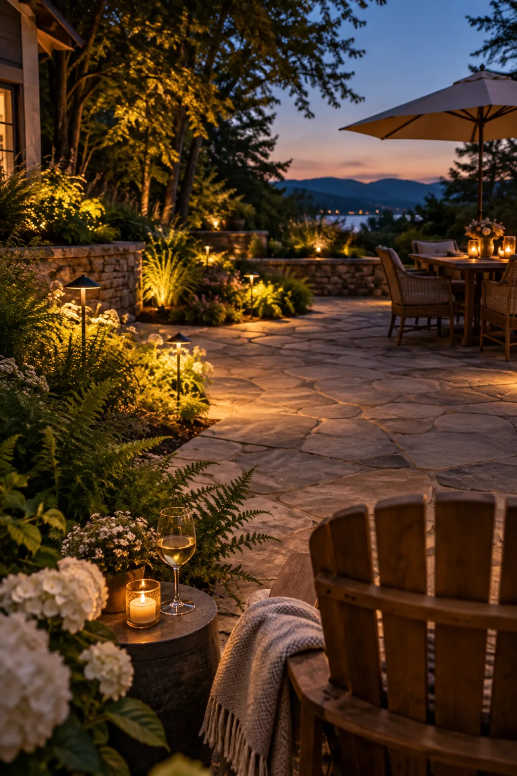 Stone patio softly illuminated by warm path lights hidden in the garden beds at night