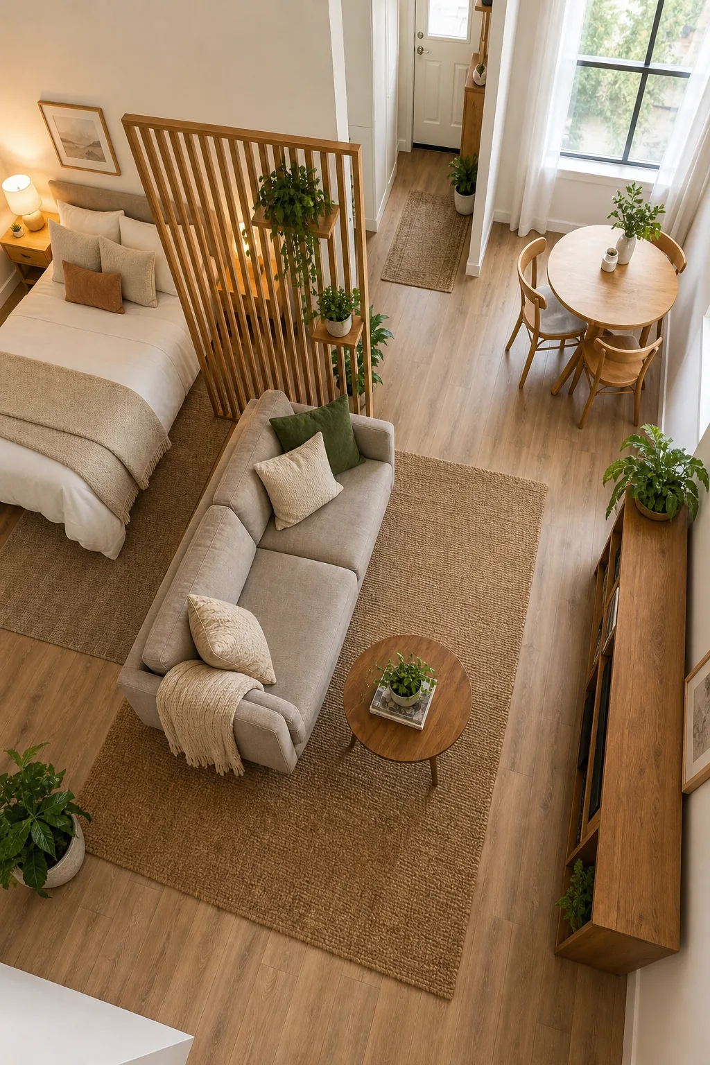 Overhead view of a studio apartment divided into three distinct living zones.