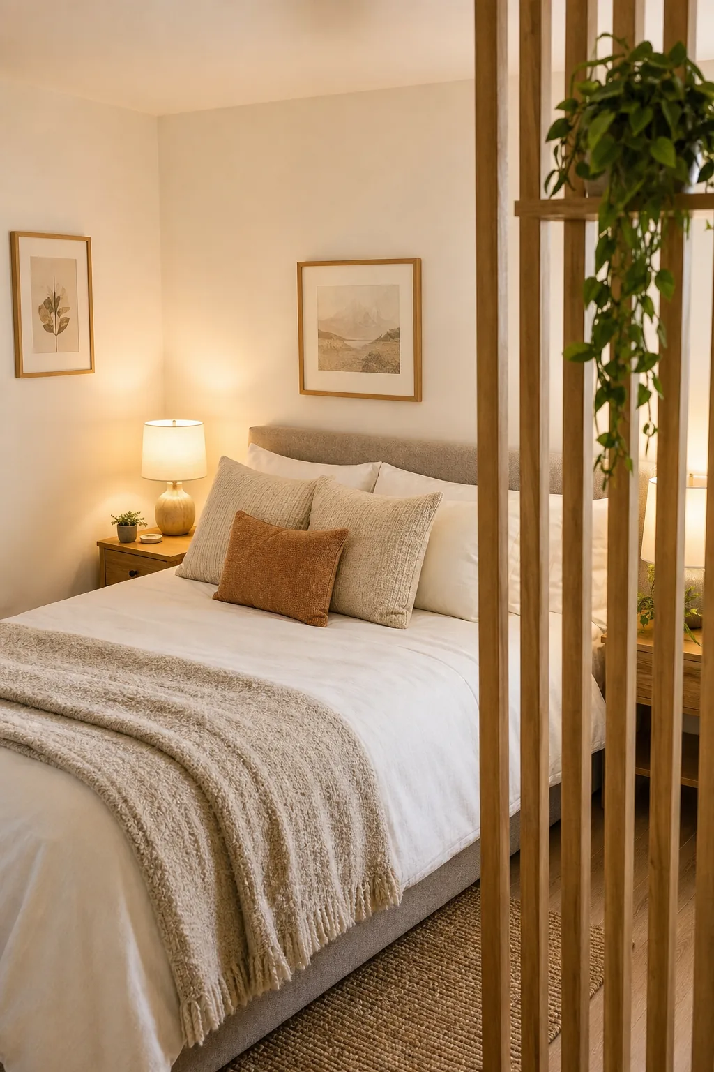 A cozy bed with neutral bedding tucked into the corner of a studio apartment.