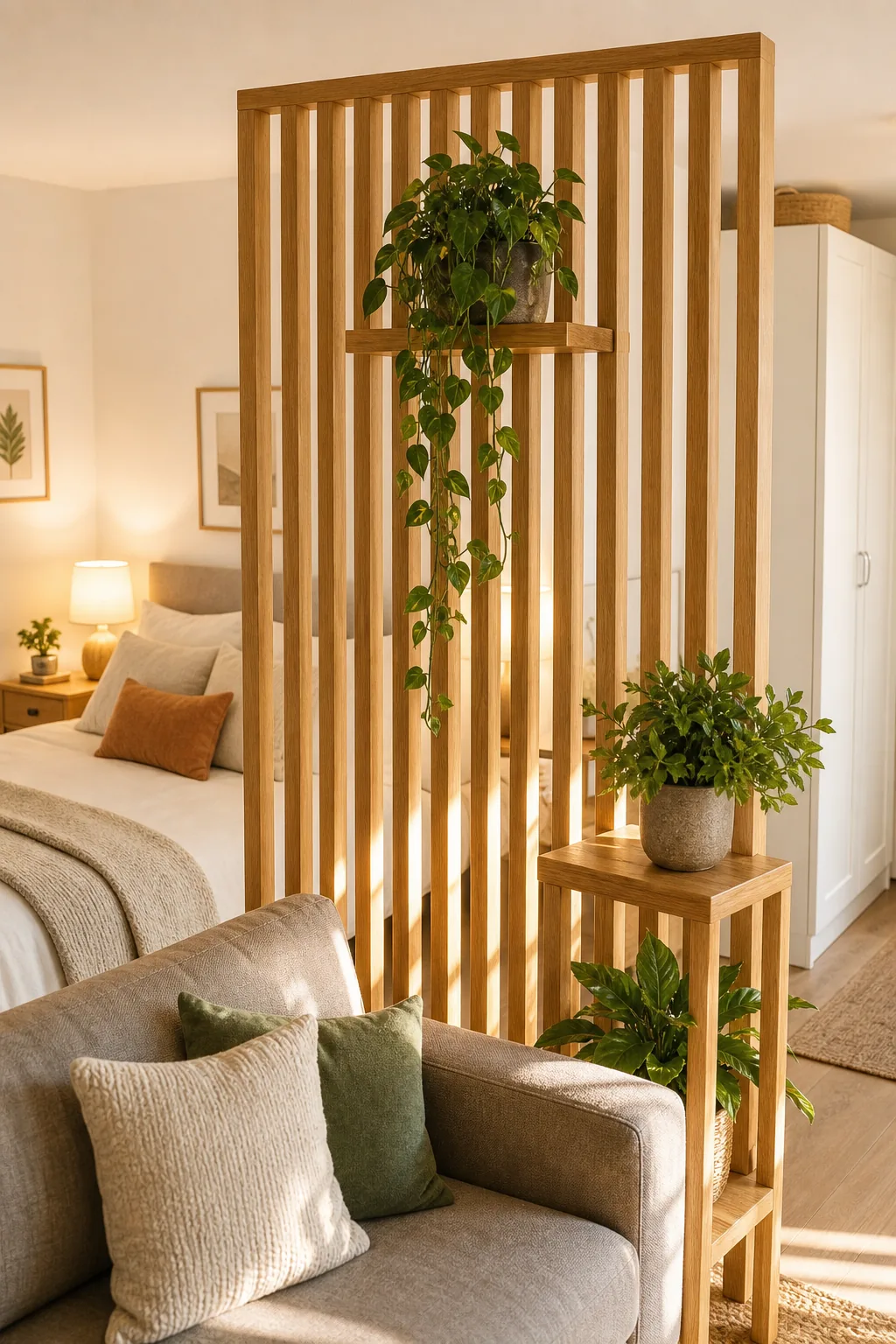 A slatted wood room divider separating a bed from a living area.