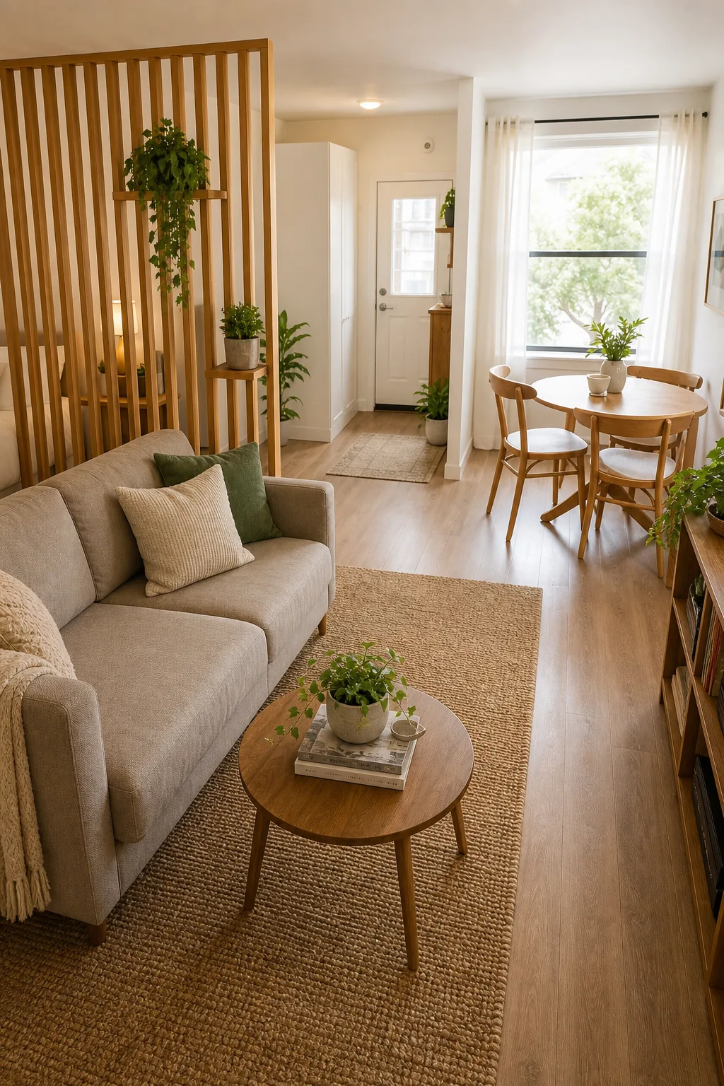 A beige sofa and round coffee table resting on a large textured jute rug.