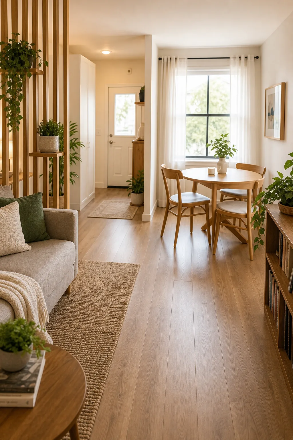 A clear wooden walkway separating a living area rug from a dining nook.