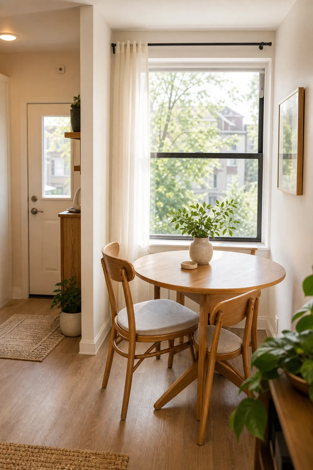 A small round oak dining table and two chairs next to a bright window.