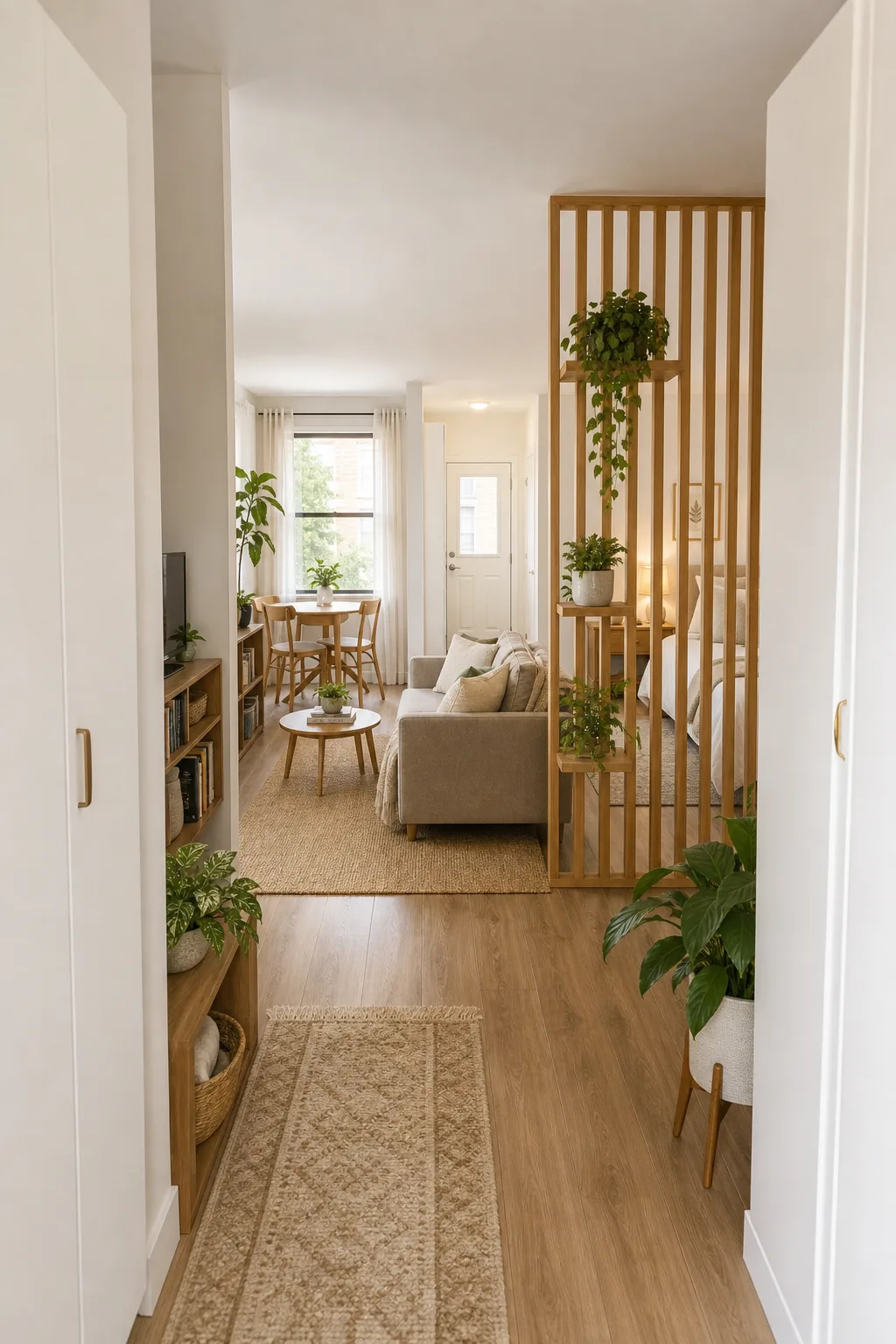 A studio apartment showing tall bookshelves against the back wall and low furniture in the center.