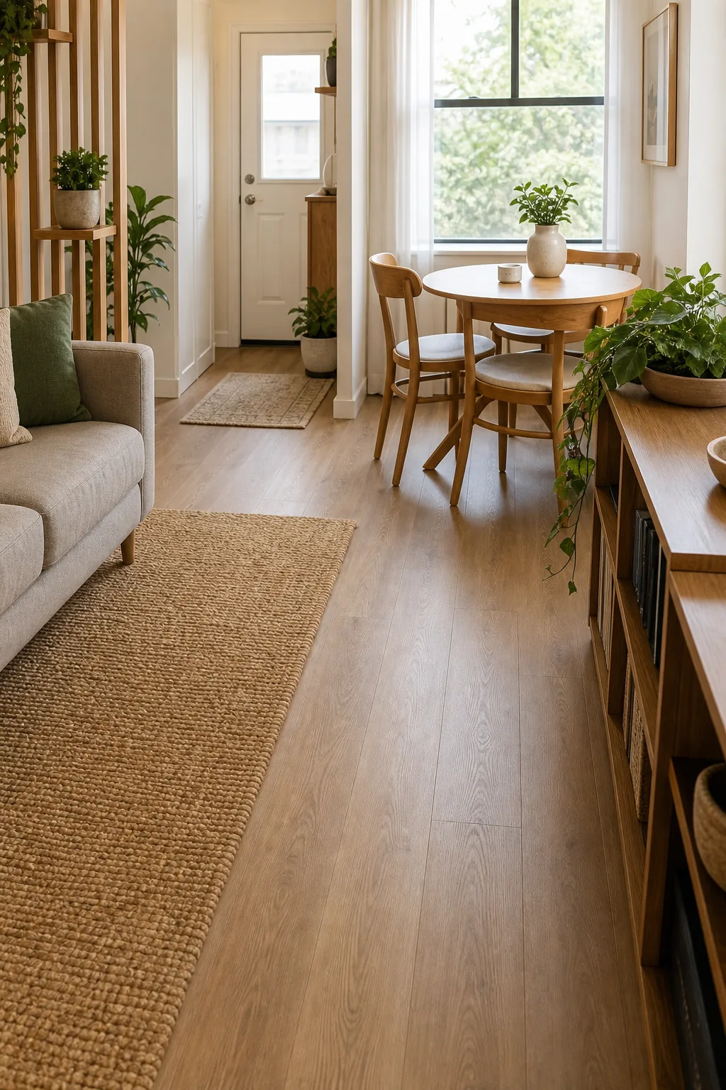 A low-profile media console with clear walking space in front of it.