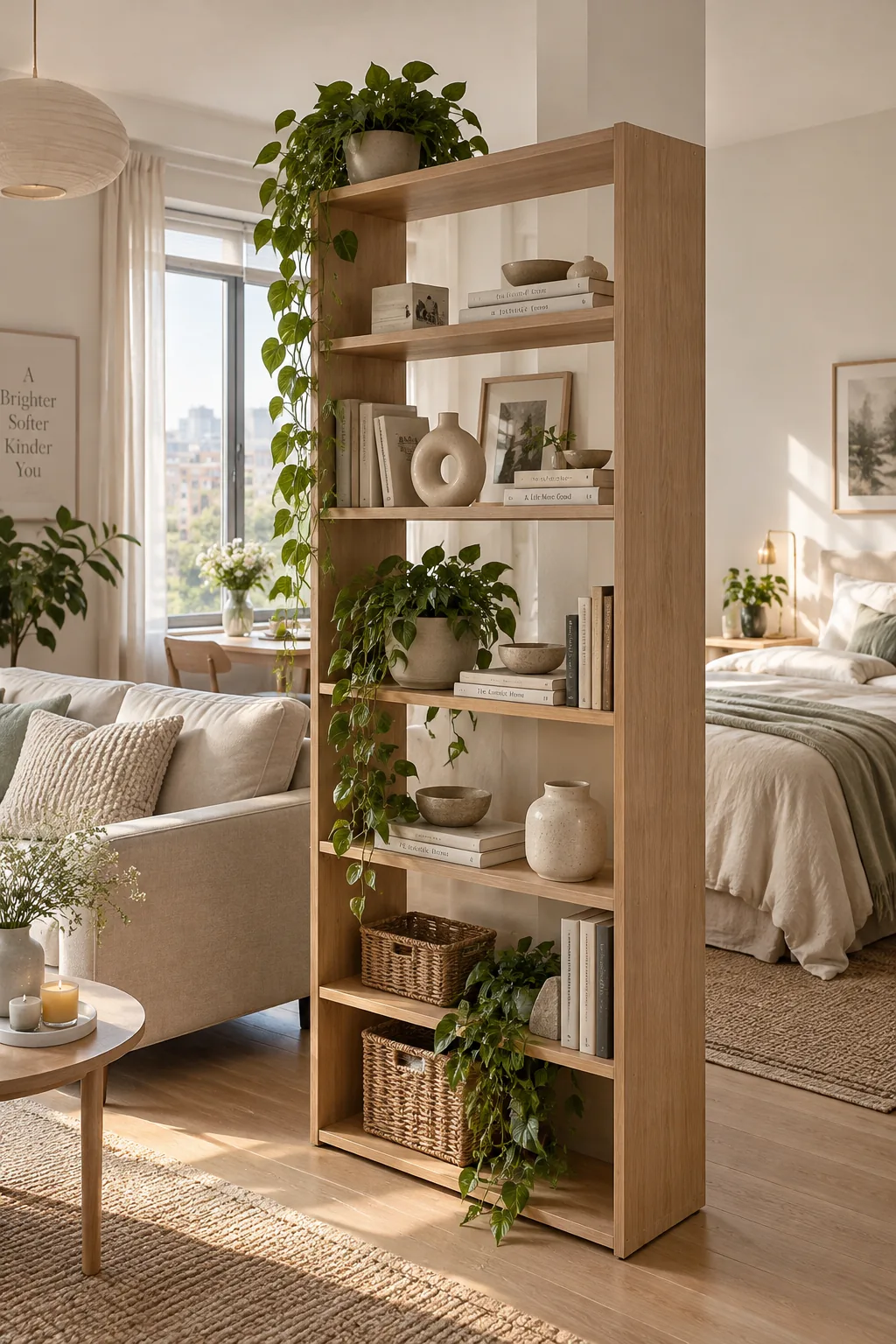 A tall open bookshelf acting as a room divider between a bed and a small living area