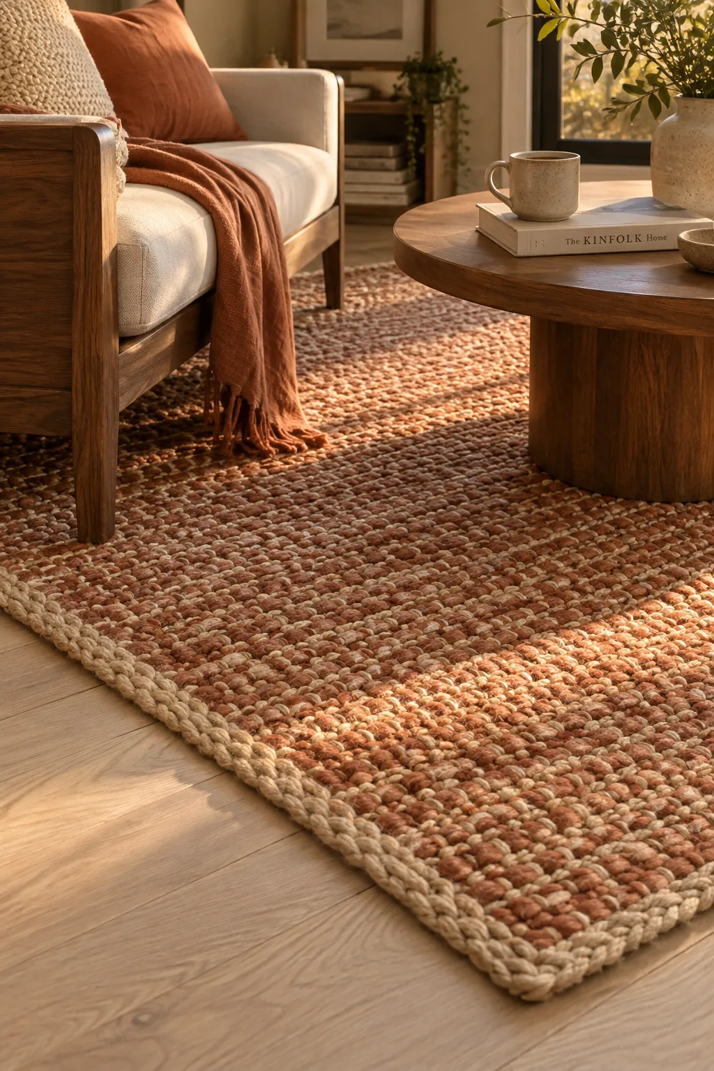 A living area in a studio apartment grounded by a large textured area rug