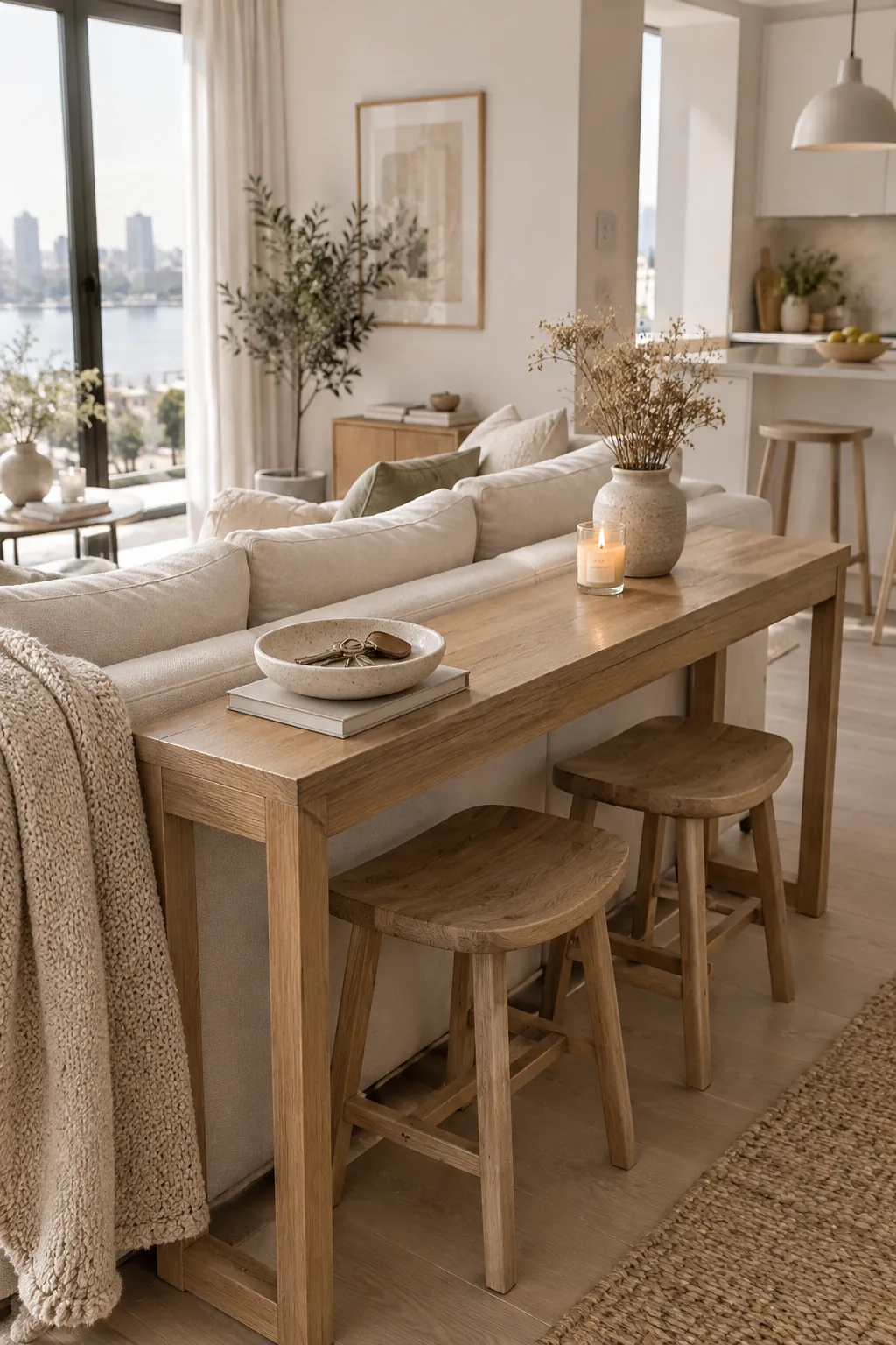 A sofa floating in the middle of a room with a narrow console table behind it